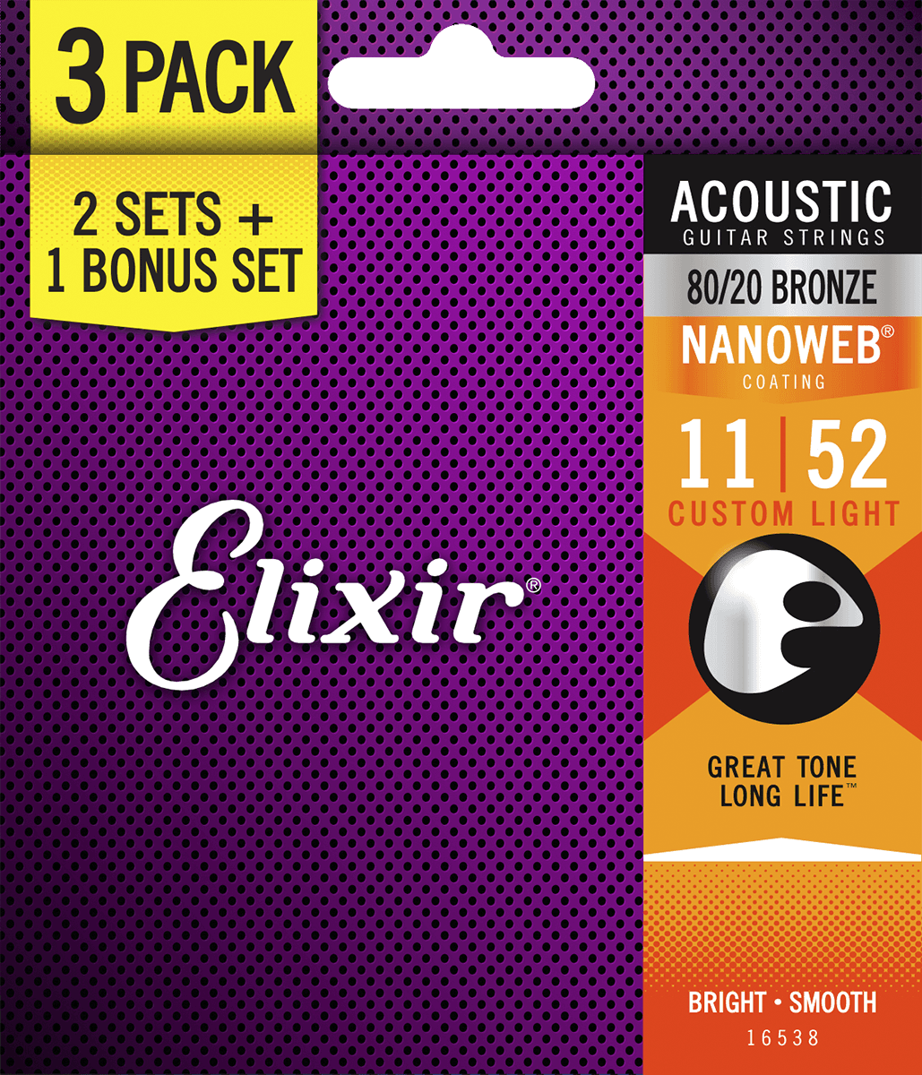 Elixir Nanoweb ACOUSTIC 80/20 BRONZE 16538 3 PACK 11-52 Custom Light