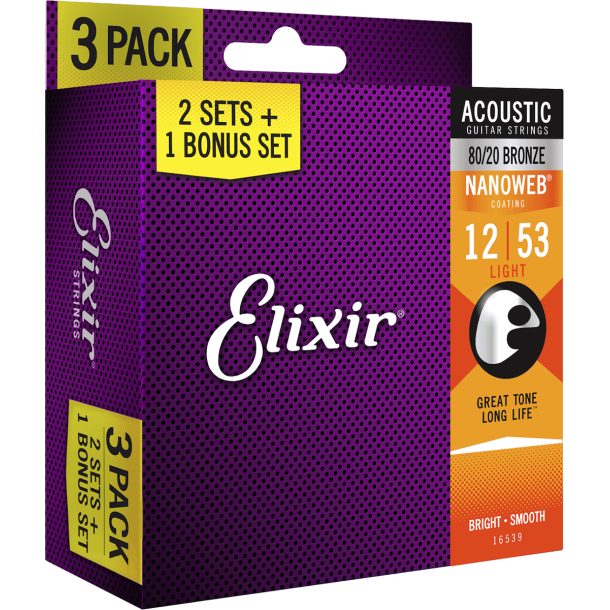 Elixir Nanoweb ACOUSTIC 80/20 BRONZE 16539 3 PACK 12-53 Light