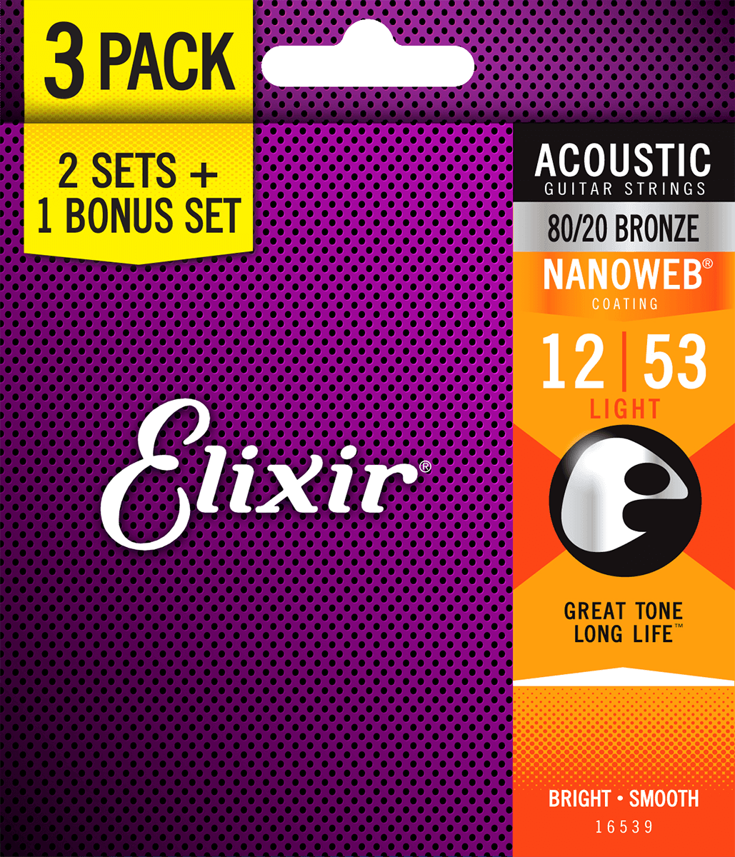 Elixir Nanoweb ACOUSTIC 80/20 BRONZE 16539 3 PACK 12-53 Licht