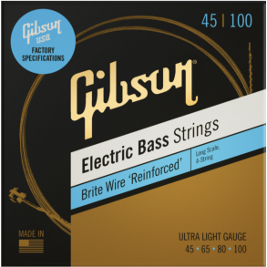 Gibson 45-100 Long Scale Brite Wire Electric Bass Strings, 4-String, Roundwound Ultra-Light