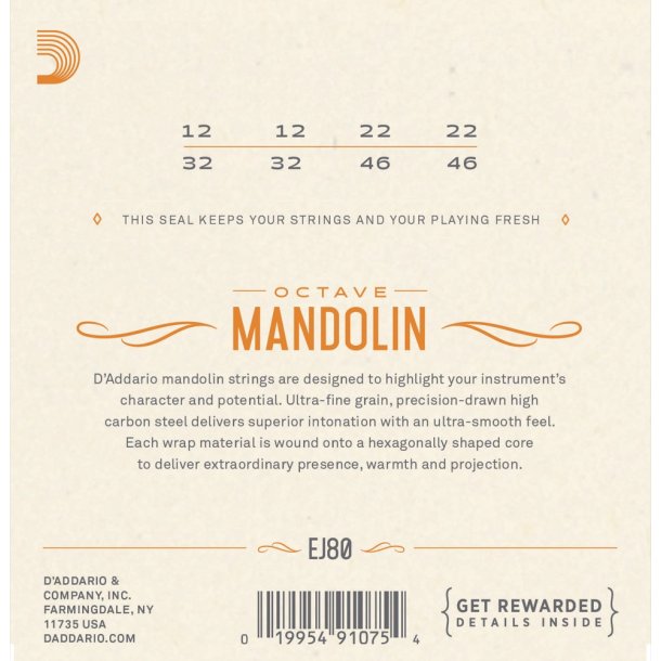 D'Addario EJ80, Octave Mandolin String Set Phosphor Bronze .012-.046 M